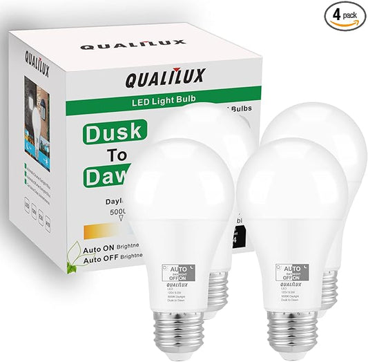 Qualilux Dusk to Dawn A19 LED Light Bulbs Outdoor, Automatic On/Off, 60W Equivalent, Daylight 5000K, Energy Efficient 9.5W, 850 Lumen, E26 Base, 4-Pack, HQ-H012