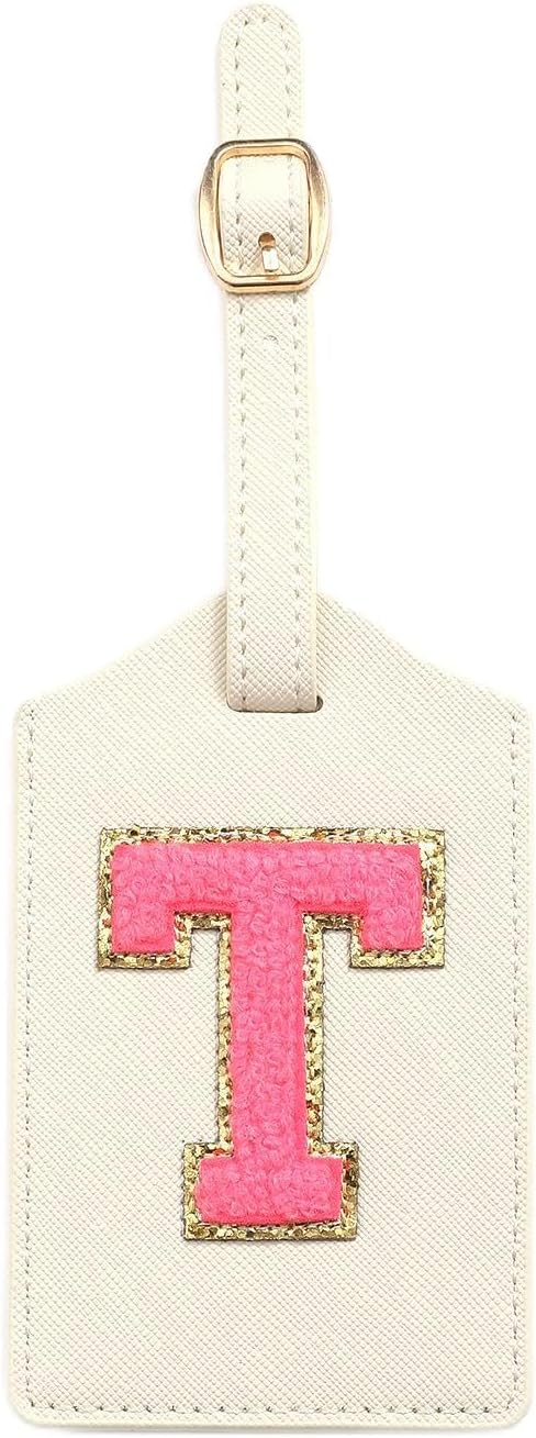 Initial Luggage Tag, PU Leather Luggage Tag, Embroidered Luggage Tag, Letter Luggage Tag, Monogrammed Luggage Tag, Luggage Tag for Baggage Bag Suitcase (T, White Leather+Rose Red Letter)