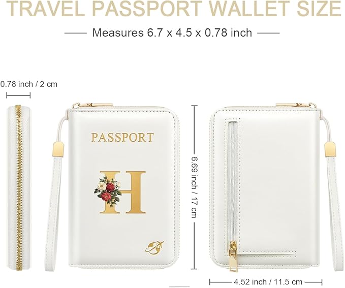 Passport Holder for Travel Personalized Passport Holder Initial Letter Rose Flower RFID Blocking Travel Wallets Credit Cards Holder for Women Men, White H