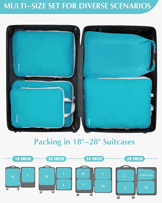 Gonex Compression Packing Cubes, 5pcs Expandable Storage Travel Luggage Bags Organizers with Laundry Bag (Blue)