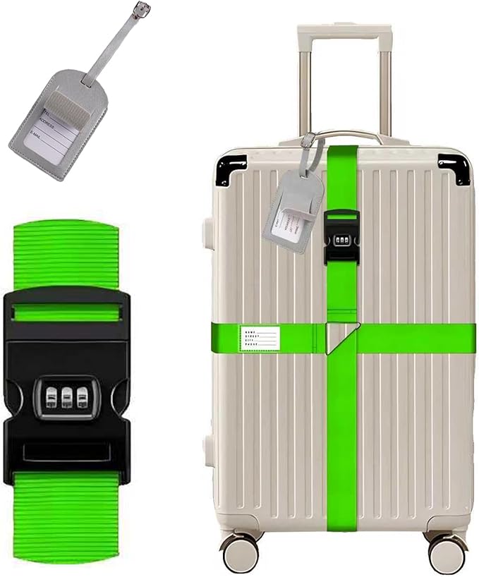 Luggage Straps for Suitcases,Travel Luggage Straps with Lock and Luggage Tags,Suitcase Strap,Adjustable Bright-Colored Travel Belt for Travel Suitcase Bag Closure Accessories.(Green)