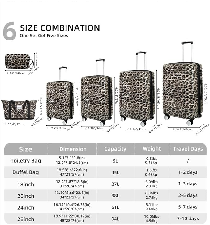 LARVENDER Luggage 6 Piece Expandable Luggage Hardshell PC+ABS Leopard Suitcase with Spinner Wheels TSA Lock, Lightweight Rolling Suitcase for Women, Cheetah Print