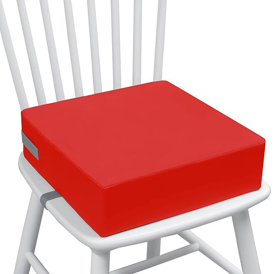 Toddler Booster Seat Dining Table Kitchen Chair, Waterproof Anti-Scratch PU Cushion, Non-Slip Bottom, Adjustable Buckle Straps, Easy Clean Portable Seat Cushion (Red)