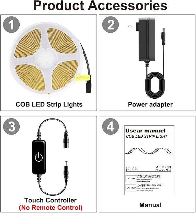 Pandery COB LED Strip 5m,16.4ft LED Strip Lights,Touch Dimmable LED Strips,CRI90+,6000K Daylight White LED Tape Lights,1600LEDs,24V cob led,Indoor for Bedroom,Kitchen,TV,Mirror,Cabinet