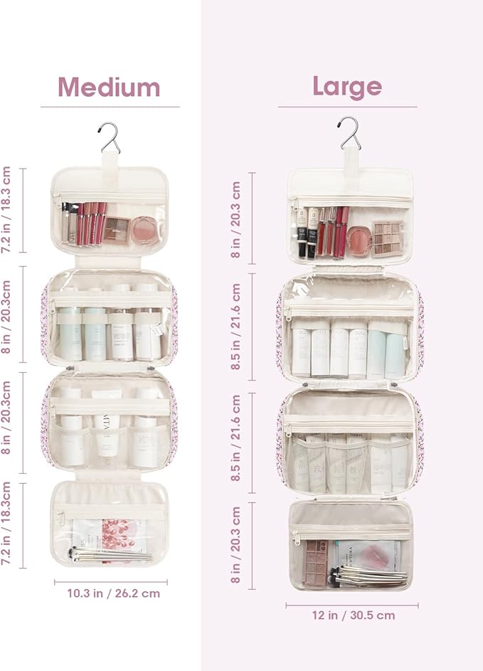 Narwey Hanging Toiletry Bag for Women Travel Makeup Bag Organizer Toiletries Bag for Travel Size Essentials Accessories Cosmetics (Pink Flower (Medium))