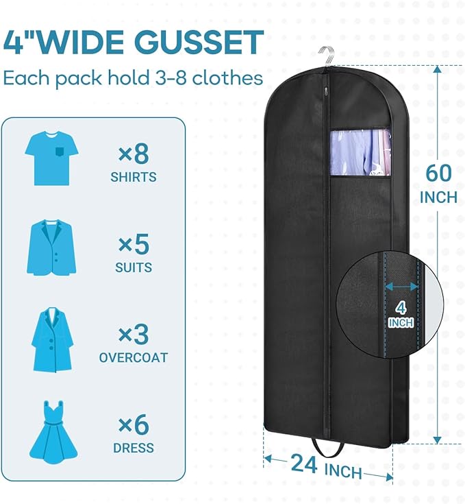 KIMBORA 60" Dress Garment Bags for Hanging Clothes Travel, Gusseted Garment Bags for Closet Storage with Handles for Long Gowns, Coats