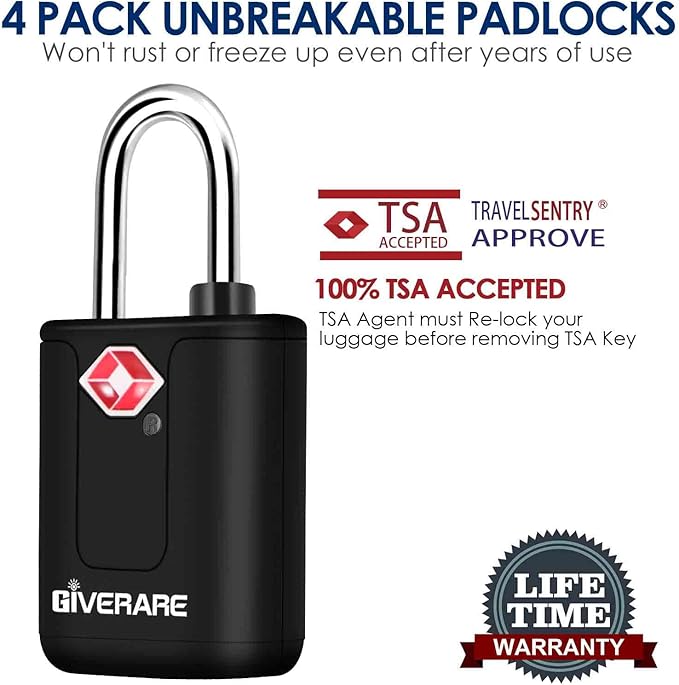 4 Pack TSA Approved Travel Luggage Locks with Keys, Keyed Suitcase Padlock, Zipper Small Locks, TSA Accepted Compatible Padlocks for Suitcase, Backpack, Gym Locker, Jewelry Box, Anti Theft-Black