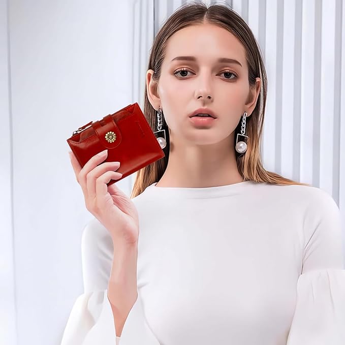 Leather Wallet Women,RFID Blocking Womens Wallet Bifold Compact Card Holder Small Wallet for Women with Removable ID Window Winered