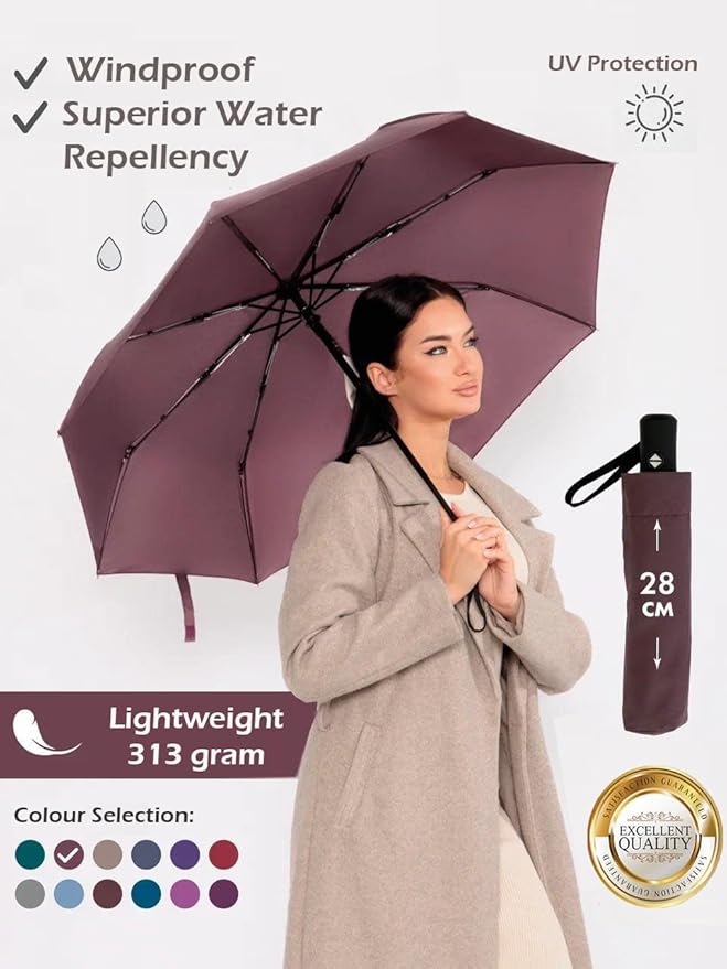 Windproof Travel Umbrella - Compact, Light, Full Automatic Open/Close - Folding Backpack Umbrella for Rain & Sun UV Preotection For Men & Women, Unbreakable 8 Fiberglass Ribs UK Design