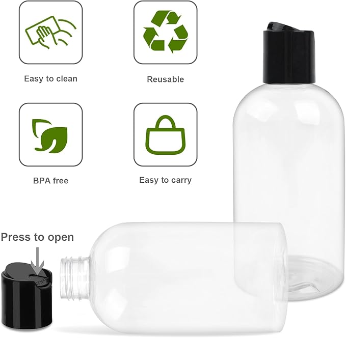 6 Pack 8 oz Empty Plastic Bottles with Black Disc Caps Reusable Clear Leak-Proof Travel Squeeze Containers for Shampoo Conditioner Toiletries Liquid Soap