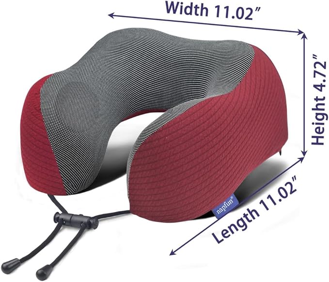 napfun Neck Pillow for Travel with Travel Pouch, Sleep Mask & Earplugs, Memory Foam Airplane Pillow for Headrest Sleep with Eyeshades, Plane Essentials with Eye Blindfold, Burgundy Striped Kit