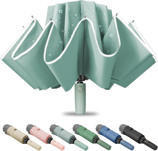 Fogkey Large Windproof Travel Umbrella, Portable Reverse Folding Car Umbrella, Compact Inverted Design with Waterproof Canopy, Automatic, 10 Durable Ribs, 45.6/13 Inch, Fits Backpack