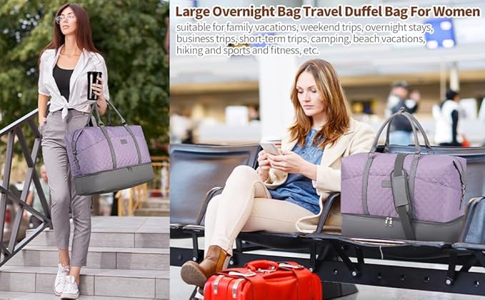 Weekender Bag, Large Travel Duffel Bag for Women, Carry on Overnight Bag with Shoe Compartment and Toiletry Bags
