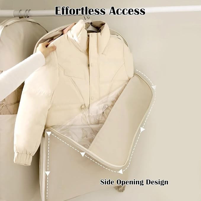 3Pcs Space Saving Hanging Garment Bag with Self Compression Zipper, Storage Bags Space Saver Closet Organizers Dust Cover 3 sizes for Down Coat Clothes Beige