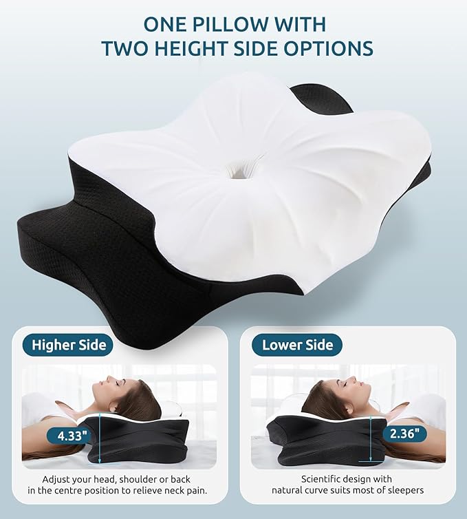Cervical Neck Pillow for Neck & Shoulder, Ergonomic Contour Memory Foam Pillows for Sleeping with Washable Pillowcase, Neck Support Pillow for Back Stomach Side Sleeper Standard Size Black