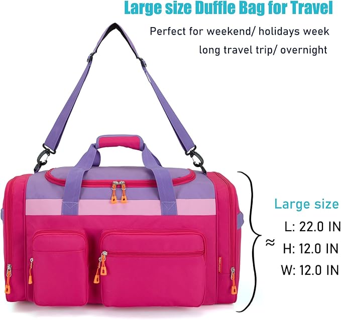 HawLander Large Kids Duffle Bag for Travel, Overnight, or Weekender, 22" inch (Rose Purple)