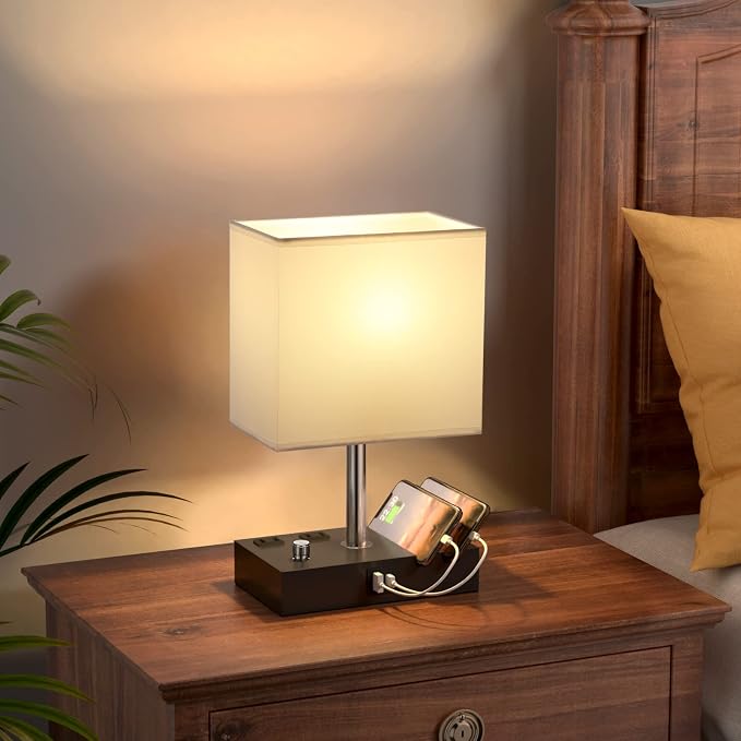 White Table Lamp for Bedroom - Stepless Dimmable, USB C+A, 2 AC Outlets | Dimming By Rotary Knob, USB C+A Ports, 2 Phone Stands, LED Bulbs Included, Rectangle White Lampshade, for Living Room, Desk