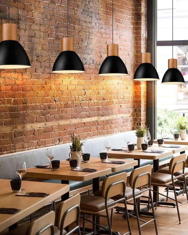 ELYONA Solid Wood Metal Pendant Light Fixtures, Industrial Hanging Lamp, Adjustable Length, 11.6" Modern Farmhouse Bar Pendant Lighting for Kitchen Island,Dining Room,Living Room, Black & Brown