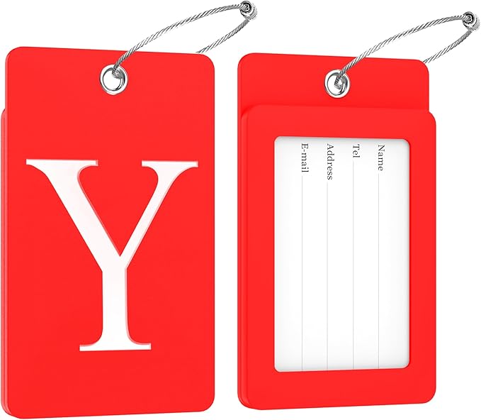 Gostwo 2 Pack Luggage Tags for Suitcases, 26 Initial Letter Travel Luggage Baggage Identification Labels ID Tag Fully Bendable Tags with Stainless Steel Loop (Red) (Letter Y)