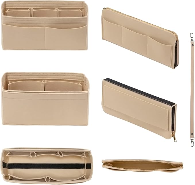 DailyPlus Purse Organizer Insert with Zipper Felt Bag Organizer for Tote Purse Beige Slender-Large