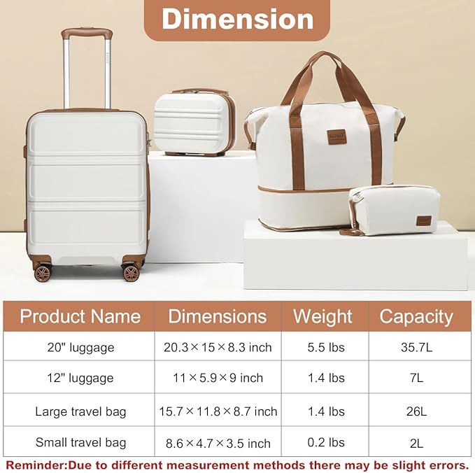 Kono Luggage Set 4 Piece Carry On Hardside Luggage with TSA Lock Spinner Wheels Lightweight PC+ABS Carry On Suitcase Cream White