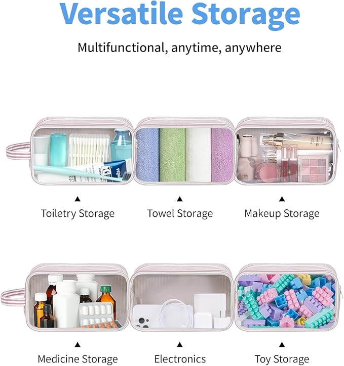 Narwey Clear Toiletry Bags for Traveling Women Men, Clear Travel Bags for Toiletries Makeup Bag Cosmetic Bag with Zipper, Make Up Organizer, Skincare Bag (Dusty Pink Stripe)