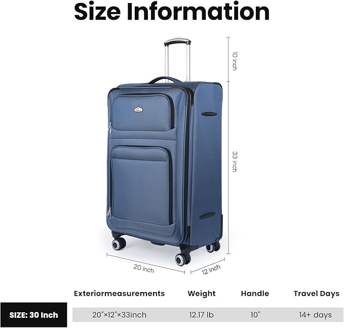 30'' Large Softside Suitcase,Expandable 15% Luggage,w/Double Spinner Wheels w/Combination LOCK,Lightweight Travel Suitcase for Travel（Blue,30in）