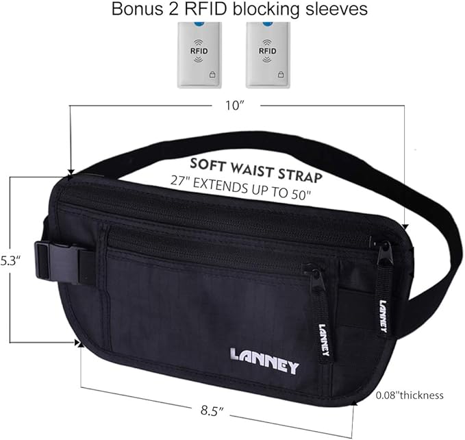 Money Belt for Travel, Slim RFID Blocking Women and Men hidden Travel Pouch Under Clothes, Passport Holder Protect Cash, Documents, Credit Card, Black, Bonus 2 RFID Sleeves