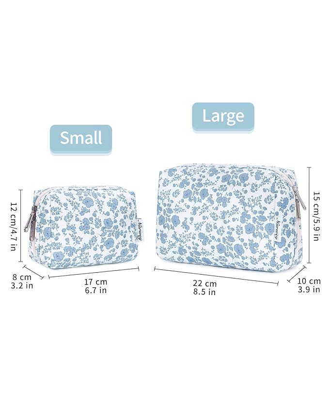 Narwey Small Cute Floral Makeup Bag for Purse Mini Cosmetic Bag Travel Makeup Pouch Zipper Pouch Cute Make up Bags with Compartments for Women Girls (Blue Flower, Small)