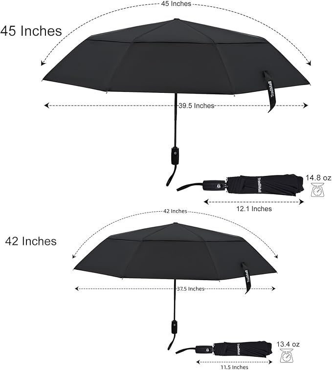 TradMall Travel Umbrella, 42/45 Inches Double Vented Canopy Windproof Automatic Strong Compact Folding Umbrellas for Rain Women and Men