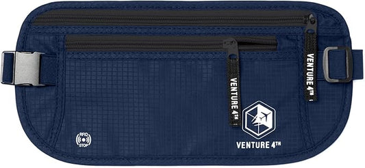 VENTURE 4TH Money Belt for Travel – Hidden Under-Clothes RFID Blocking Passport Holder & Slim Travel Wallet Pouch for Men & Women to Protect Cash, Cards & Documents (Navy Blue)