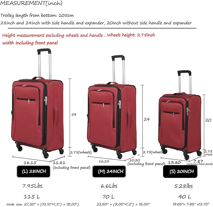3pcs Set Softside Luggage Sets With Spinner Wheels, Expandable Softshell Suitcase Set with front pocket, 28inch, 24inch, 20inch Lightweight fabric luggage(BLUE)