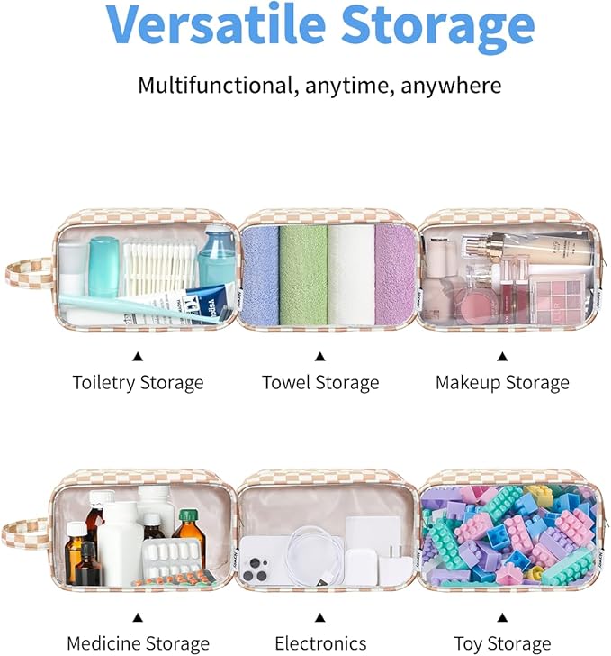 Narwey Clear Toiletry Bags for Traveling Women Men, Clear Travel Bags for Toiletries Makeup Bag Cosmetic Bag with Zipper, Make Up Organizer, Skincare Bag (Light Brown Checkerboard)