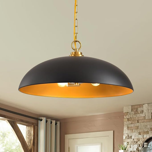 20in Black and Gold Dome Pendant Light, Large 3-Light Chandelier | Industrial Matte Black Oversized Pendant Light Fixture Ceiling Hanging Lamp for Kitchen Island Dining Room Over Table 1 Pack