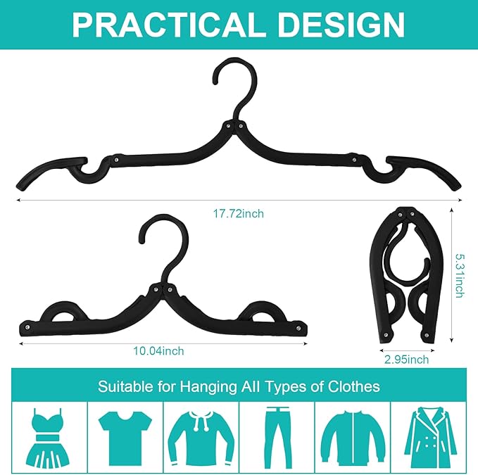 12 PCS Travel Hangers,Portable Folding Clothes Hangers,Black Foldable Hangers Lightweight Travel Accessories,Non-Slip Folding Hangers for Clothes,Foldable Clothes Drying Rack for Travel and Home