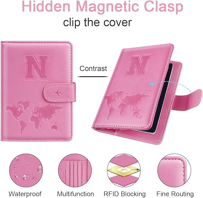 Passport Holder Cover Initail Letter A-Z Travel Wallet Embossed Design RFID Blocking Card Holder Personalized Gift Passport Cover Wallet, Passport Book Holders for Women and Girls, Pink-N