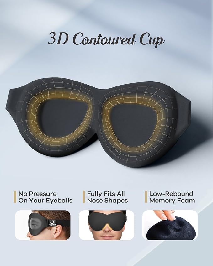 Sleep Eye Mask for Men & Women, 3D Contoured Full Blackout Eye Mask for Sleeping, Pressure-Free Soft with Adjustable Strap, Night Blindfold for Travel, Shift Work & Nap, Midnight Black