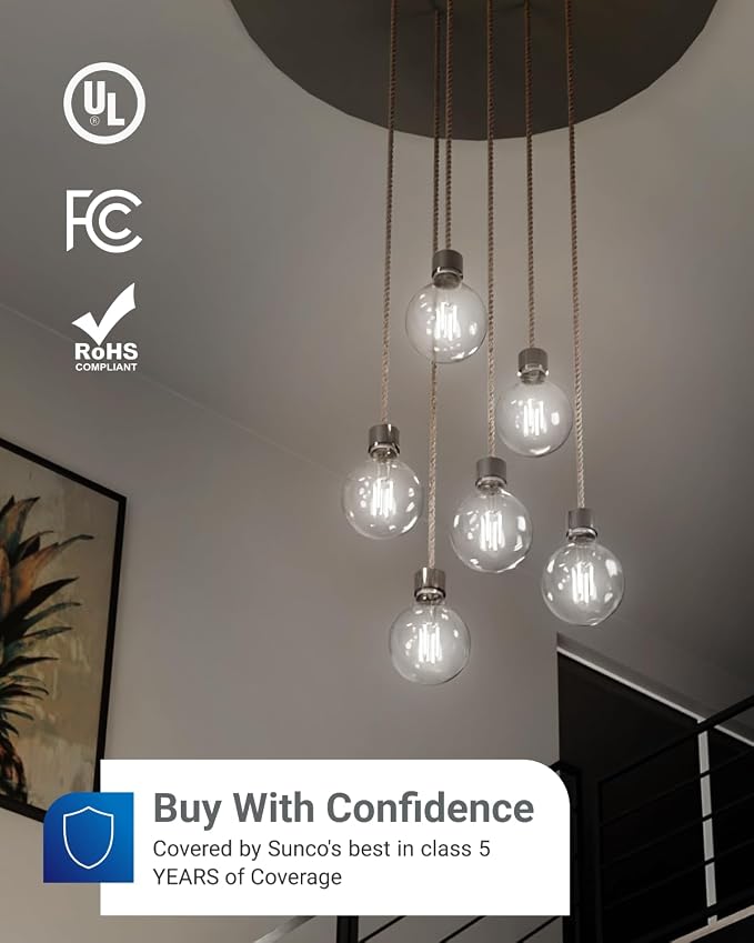 Sunco 10 Pack G25 LED Light Bulb, Globe, E26, 5W=60W, 4000K Cool White | 500LM, CRI80, Dimmable, Edison Vintage Filament, Medium Base, Lamp, Pendant, Chandelier, Indoor/Outdoor Lighting, Wet Rated