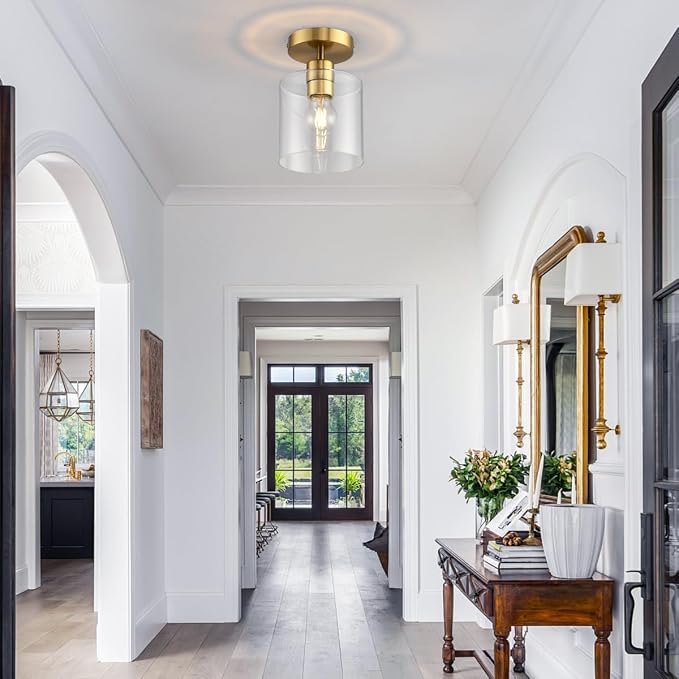 Modern Brass Semi Flush Mount Light Fixture for Entryway & Hallway, Gold Finish