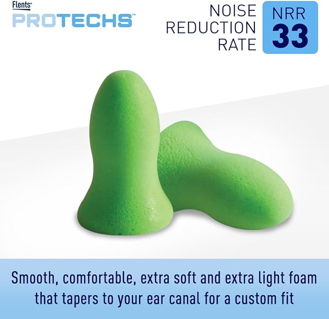 Flents Protechs Foam Ear Plugs, 10 Pair with case Sleeping, Snoring, Loud Noise, Traveling, Concerts, Construction, Studying, Work, Shooting, NRR 33, Noise Cancelling, Green, Made in the USA