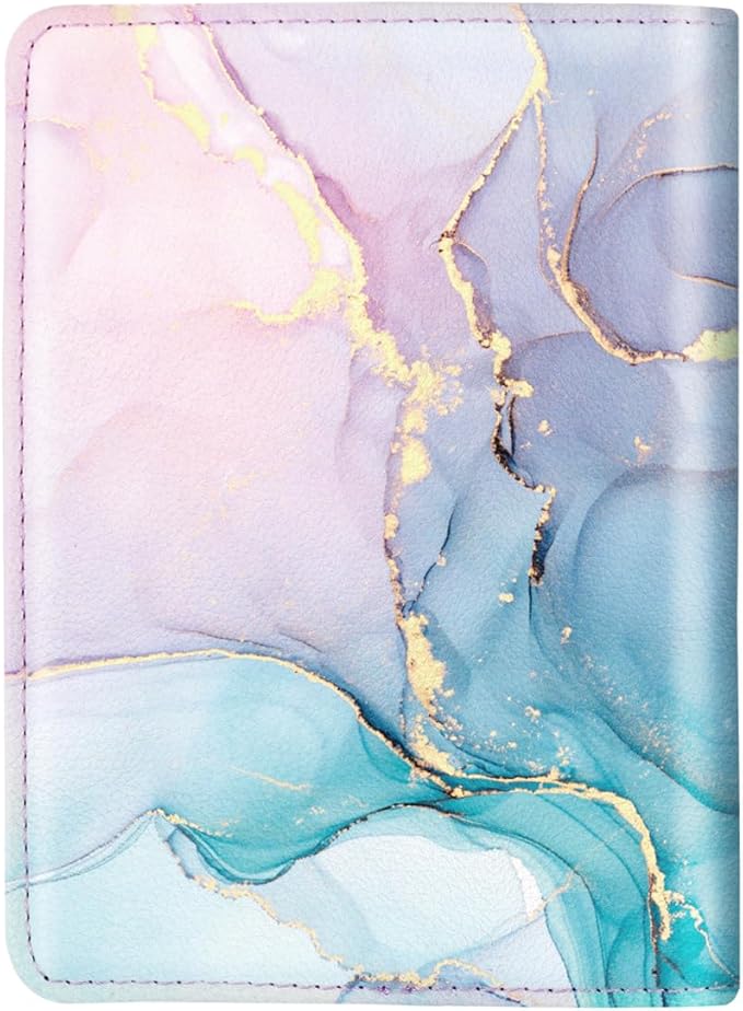 Passport Holder Cover, RFID Travel Wallet Credit Card Holder Cute Purple Pink Passport Book Holders for Women with Elastic Band and Golden Metal Decoration, Gradient Marble