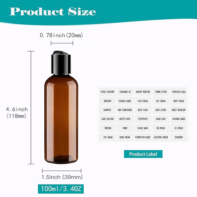 Moonlik Toiletry Travel Bottles, 4Pack 3.4oz/100ml - Squeezable Plastic Containers with Flip Caps - Refillable Cosmetic Kit for Shampoo, Conditioner, Lotion, and Travel Essential- Brown