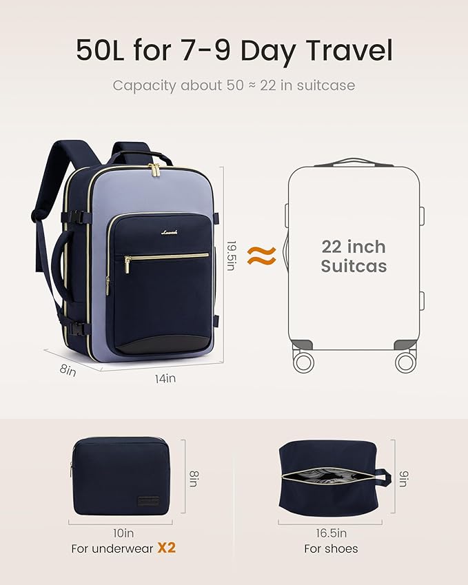 LOVEVOOK 50L Travel Backpack for Women & Men, Airline Approved Carry On Luggage with 3 Packing Cubes, TSA Overnight Bags, Waterproof Personal Item Bag, Weekender Essentials Backpacks fits 17" Laptop