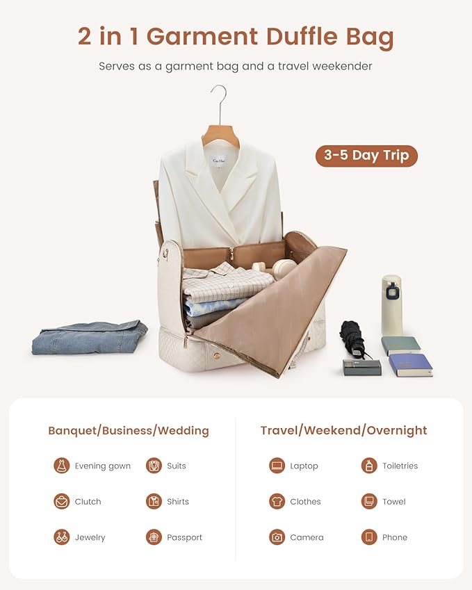 LOVEVOOK Convertible Garment Bag for Travel with Shoe Pouch, Carry On Garment Duffel Bag with Toiletry Bag, 2 in 1 Hanging Suitcase Suit Bag, Waterproof Weekender Bag for Women Travel, Wedding, Beige