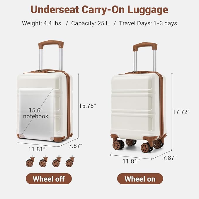 Kono 15'' Underseat Carry On Luggage Airline Approved, Anti-Scratch PC+ABS Hardshell Carry on Suitcase with Smooth Spinner Wheel, Lightweight Overnight Carry on for Short Travel, Cream White