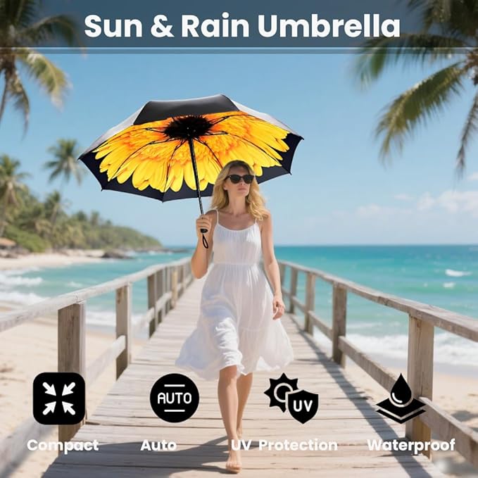 SIEPASA Compact Travel Umbrella - Windproof Auto Open/Close, Lightweight Folding Umbrella wIth Fiberglass Frame & Waterproof Canopy. Fits Backpack/Purse. (Sunflower)