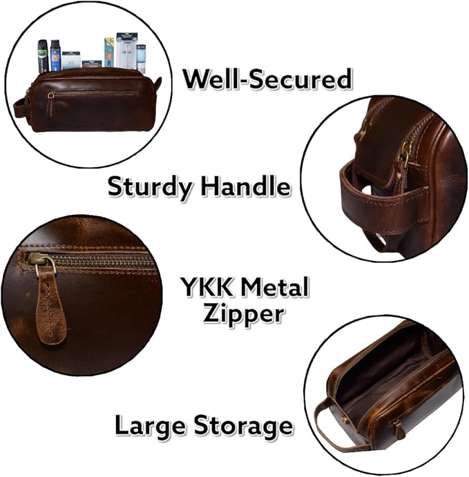 Leather Toiletry Bag for Men With Waterproof Lining, Grooming Travel Kit, Mens Toiletry Bag, Mens Leather Shaving Bag, Handcrafted Vintage Shaving Kit (Combo of 4 Items)