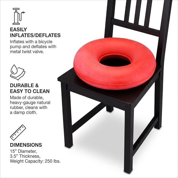 NOVA Inflatable Donut Cushion Seat Pillow – 15” Round Easy Inflate & Deflate Pressure Relief Cushion, Durable Rubber, Easy-Clean Red, for Hemorrhoids, Postpartum & Sitting Comfort, Red
