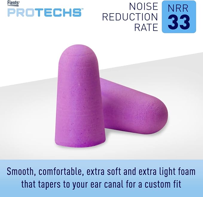 Flents Protechs Foam Ear Plugs, 50 Pair for Sleeping, Snoring, Loud Noise, Traveling, Concerts, Construction, Studying, Work, Shooting, NRR 33, Noise Cancelling, Disposable, Purple, Made in the USA