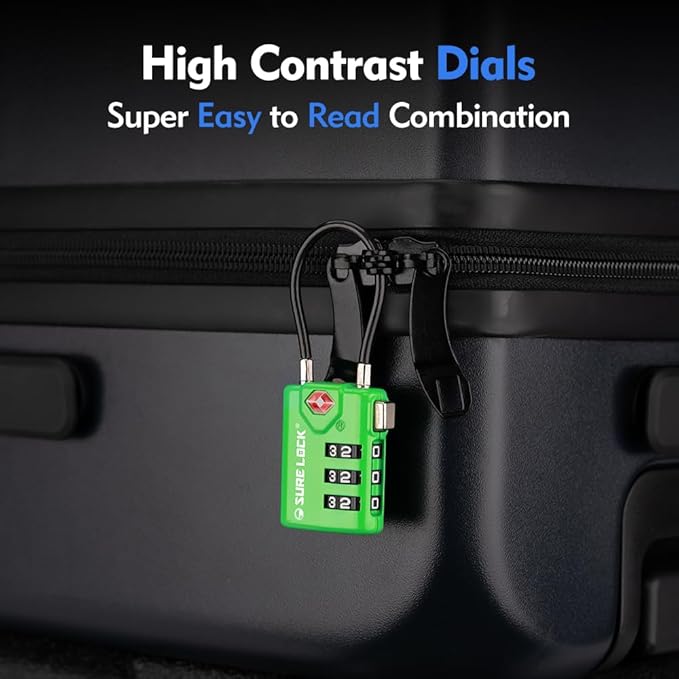 SURE LOCK TSA Approved Combination Luggage Locks with Open Alert Indicator – Durable Zinc Alloy Cable Travel Locks with Large Easy-Read Dials for Suitcases, Backpacks & Gym Bags（Green 4 Pack）